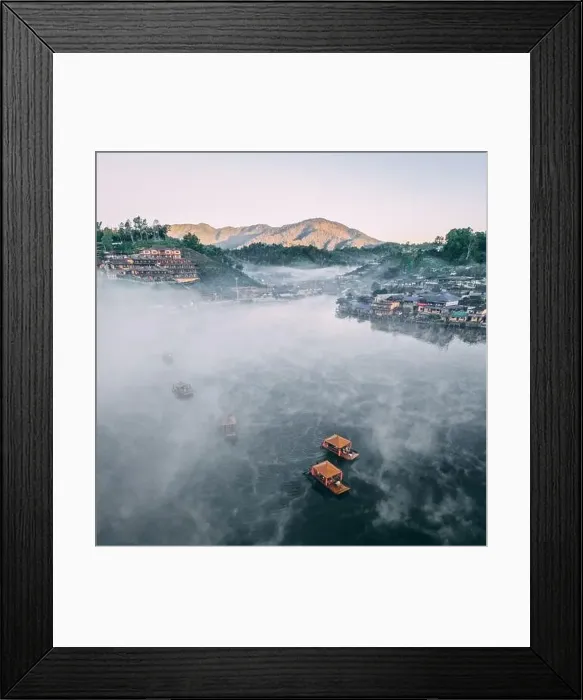 Framed Print : Aerial view of Sunrise with fog over Ban Rak thai, chinese village near a lake in Mae Hong Son, Thailand Framed Print : Aerial view of Sunrise with fog over Ban Rak thai, chinese village near a lake in Mae Hong Son, Thailand