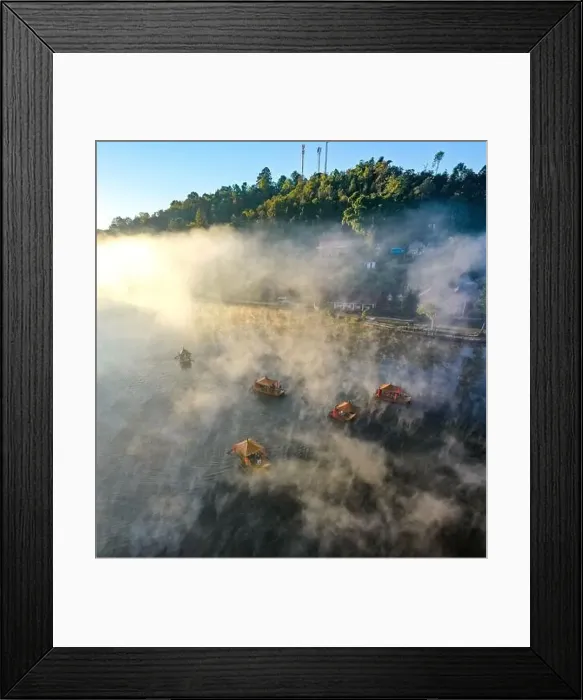 Framed Print : Aerial view of Sunrise with fog over Ban Rak thai, chinese village near a lake in Mae Hong Son, Thailand Framed Print : Aerial view of Sunrise with fog over Ban Rak thai, chinese village near a lake in Mae Hong Son, Thailand