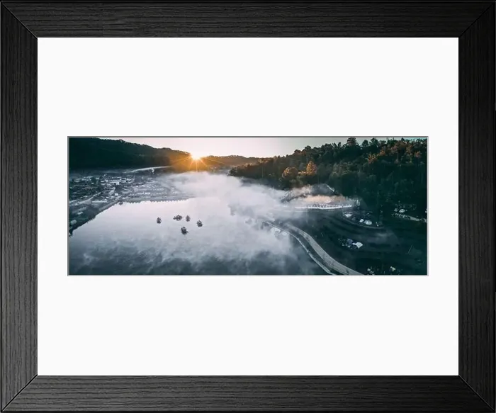 Framed Print : Aerial view of Sunrise with fog over Ban Rak thai, chinese village near a lake in Mae Hong Son, Thailand Framed Print : Aerial view of Sunrise with fog over Ban Rak thai, chinese village near a lake in Mae Hong Son, Thailand