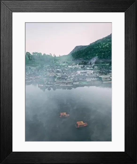 Framed Print : Aerial view of Sunrise with fog over Ban Rak thai, chinese village near a lake in Mae Hong Son, Thailand Framed Print : Aerial view of Sunrise with fog over Ban Rak thai, chinese village near a lake in Mae Hong Son, Thailand