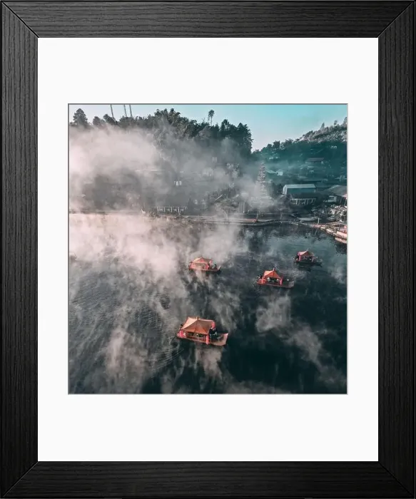 Framed Print : Aerial view of Sunrise with fog over Ban Rak thai, chinese village near a lake in Mae Hong Son, Thailand Framed Print : Aerial view of Sunrise with fog over Ban Rak thai, chinese village near a lake in Mae Hong Son, Thailand
