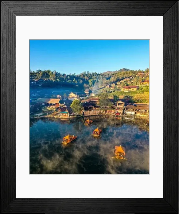 Framed Print : Aerial view of Sunrise with fog over Ban Rak thai, chinese village near a lake in Mae Hong Son, Thailand Framed Print : Aerial view of Sunrise with fog over Ban Rak thai, chinese village near a lake in Mae Hong Son, Thailand