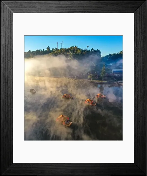 Framed Print : Aerial view of Sunrise with fog over Ban Rak thai, chinese village near a lake in Mae Hong Son, Thailand Framed Print : Aerial view of Sunrise with fog over Ban Rak thai, chinese village near a lake in Mae Hong Son, Thailand