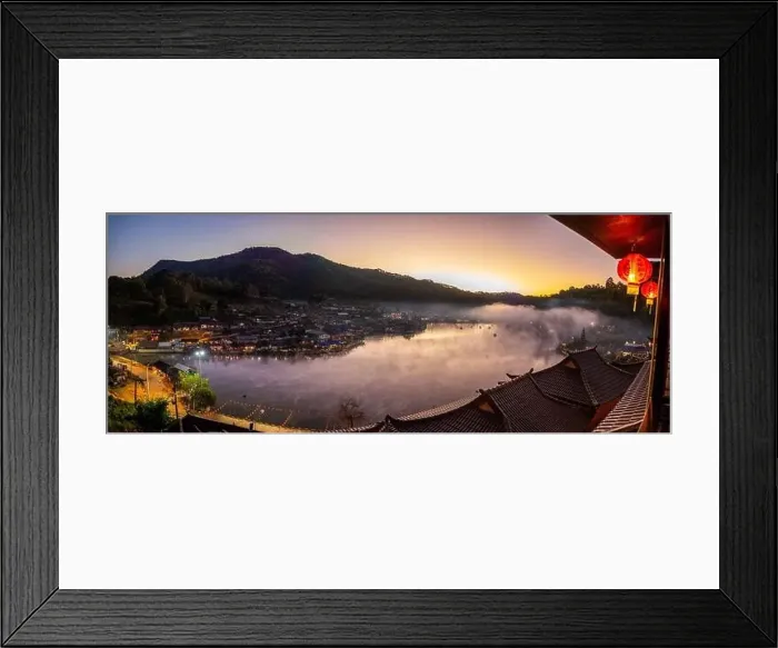 Framed Print : Sunrise with fog over Ban Rak thai, chinese village near a lake in Mae Hong Son, Thailand