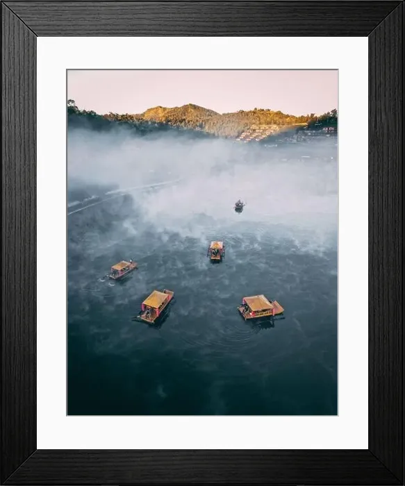 Framed Print : Aerial view of Sunrise with fog over Ban Rak thai, chinese village near a lake in Mae Hong Son, Thailand Framed Print : Aerial view of Sunrise with fog over Ban Rak thai, chinese village near a lake in Mae Hong Son, Thailand