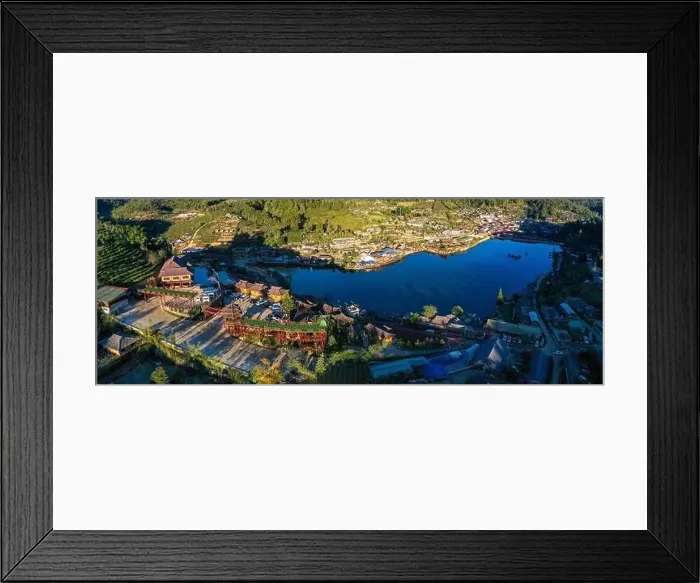 Framed Print : Aerial view of Sunrise with fog over Ban Rak thai, chinese village near a lake in Mae Hong Son, Thailand Framed Print : Aerial view of Sunrise with fog over Ban Rak thai, chinese village near a lake in Mae Hong Son, Thailand