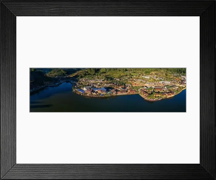 Framed Print : Aerial view of Sunrise with fog over Ban Rak thai, chinese village near a lake in Mae Hong Son, Thailand Framed Print : Aerial view of Sunrise with fog over Ban Rak thai, chinese village near a lake in Mae Hong Son, Thailand