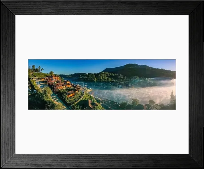 Framed Print : Aerial view of Sunrise with fog over Ban Rak thai, chinese village near a lake in Mae Hong Son, Thailand Framed Print : Aerial view of Sunrise with fog over Ban Rak thai, chinese village near a lake in Mae Hong Son, Thailand