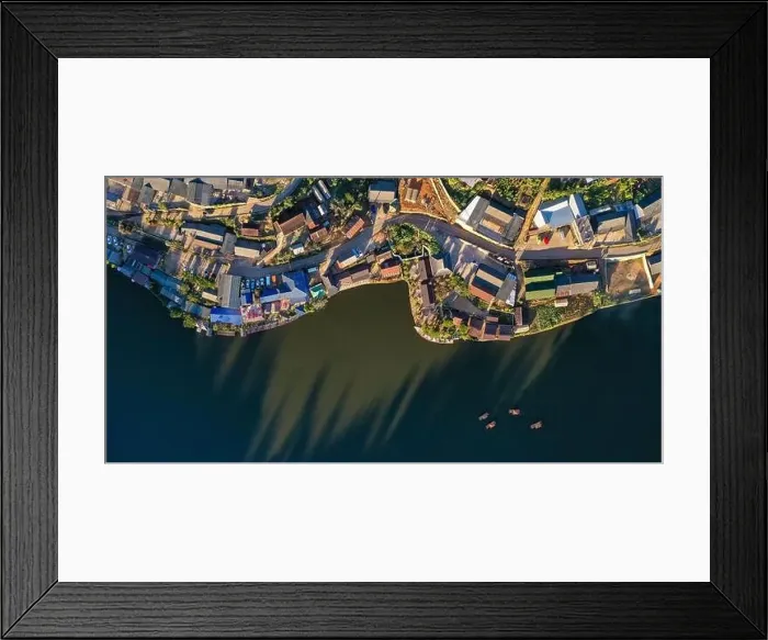 Framed Print : Aerial view of Sunrise with fog over Ban Rak thai, chinese village near a lake in Mae Hong Son, Thailand Framed Print : Aerial view of Sunrise with fog over Ban Rak thai, chinese village near a lake in Mae Hong Son, Thailand