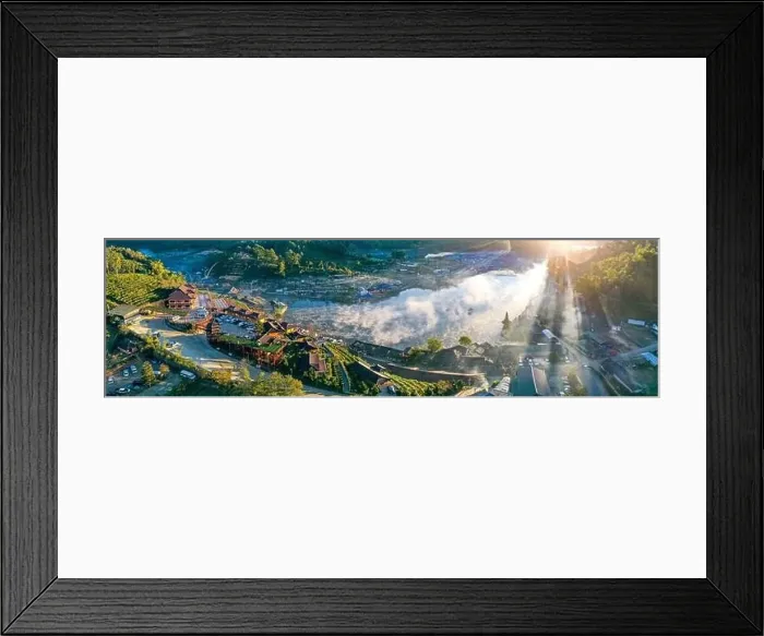 Framed Print : Aerial view of Sunrise with fog over Ban Rak thai, chinese village near a lake in Mae Hong Son, Thailand Framed Print : Aerial view of Sunrise with fog over Ban Rak thai, chinese village near a lake in Mae Hong Son, Thailand