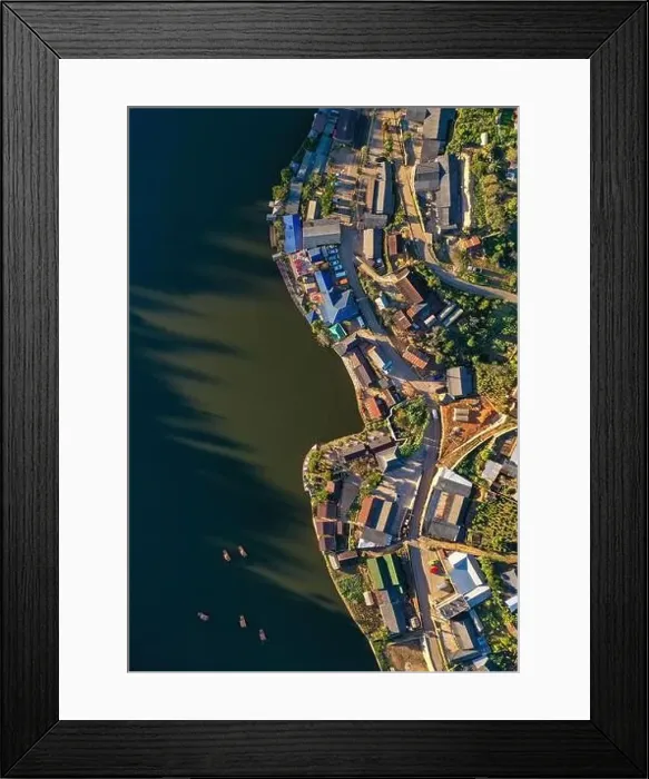 Framed Print : Aerial view of Sunrise with fog over Ban Rak thai, chinese village near a lake in Mae Hong Son, Thailand Framed Print : Aerial view of Sunrise with fog over Ban Rak thai, chinese village near a lake in Mae Hong Son, Thailand