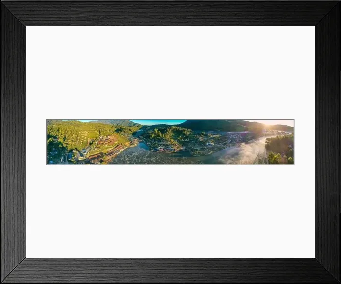 Framed Print : Aerial view of Sunrise with fog over Ban Rak thai, chinese village near a lake in Mae Hong Son, Thailand Framed Print : Aerial view of Sunrise with fog over Ban Rak thai, chinese village near a lake in Mae Hong Son, Thailand