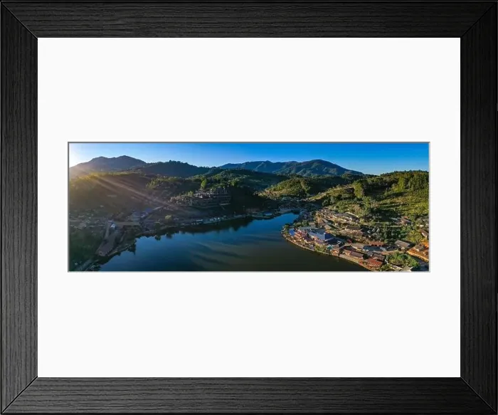 Framed Print : Aerial view of Sunrise with fog over Ban Rak thai, chinese village near a lake in Mae Hong Son, Thailand Framed Print : Aerial view of Sunrise with fog over Ban Rak thai, chinese village near a lake in Mae Hong Son, Thailand