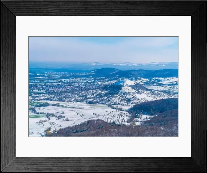 Framed Print : Germany, Aerial panorama view above swabian jura mountains in winter wonderland scene covered with snow around limburg Framed Print : Germany, Aerial panorama view above swabian jura mountains in winter wonderland scene covered with snow around limburg