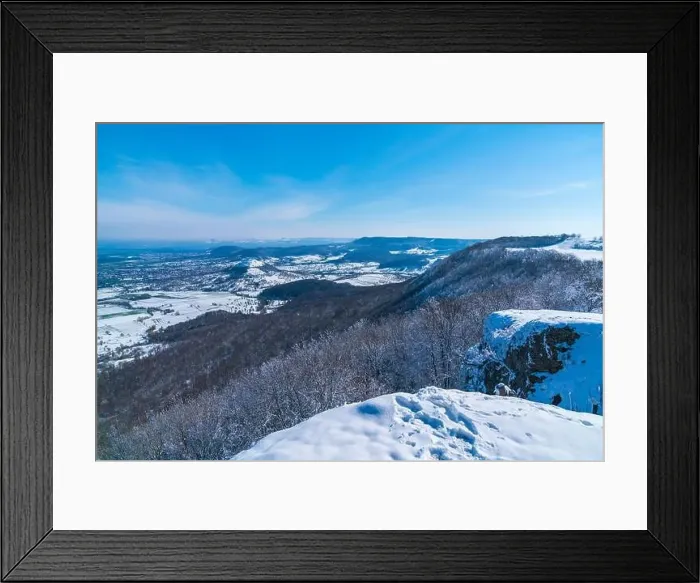 Framed Print : Germany, Aerial panorama view from swabian jura mountains in winter wonderland scene covered with snow