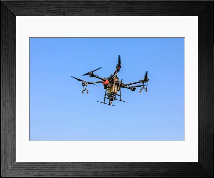 Framed Print : Agricultural drone spraying pesticides. Drones are used in agriculture Framed Print : Agricultural drone spraying pesticides. Drones are used in agriculture