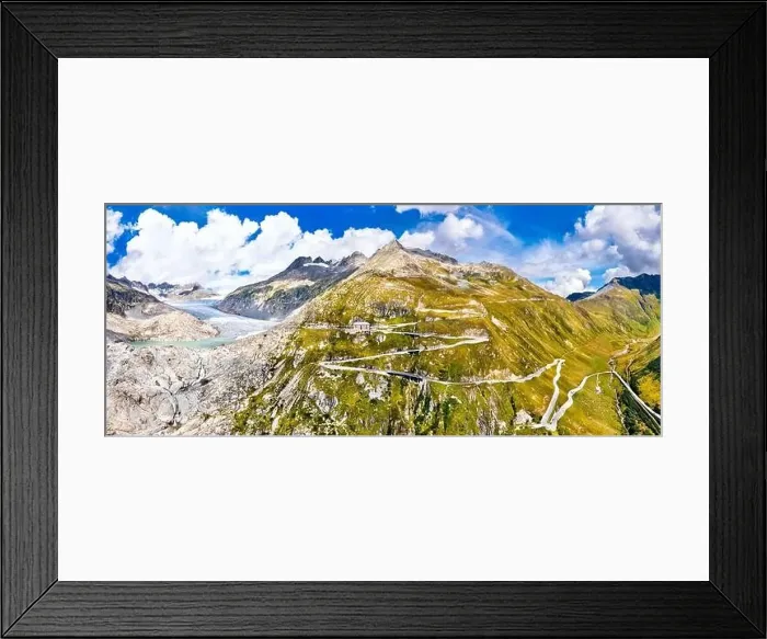 Framed Print : The Rhone Glacier and zig-zag road to Furka Pass in the Swiss Alps