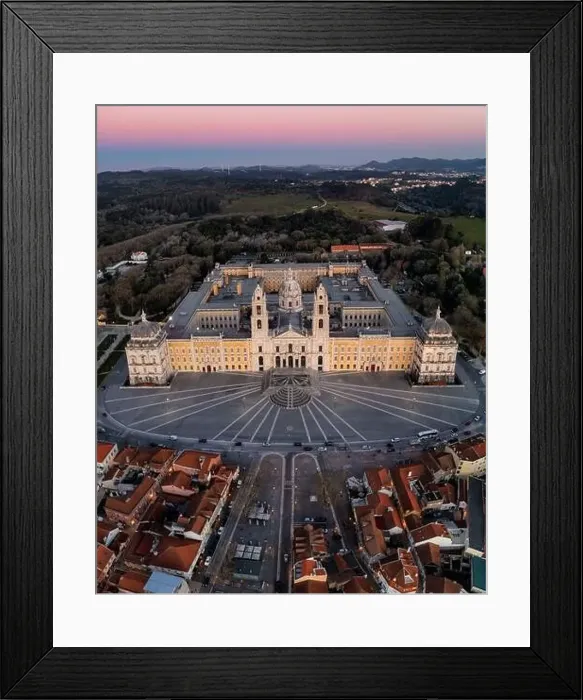 Framed Print : City drone aerial view at sunset with iconic Palace, Mafra, Portugal Framed Print : City drone aerial view at sunset with iconic Palace, Mafra, Portugal
