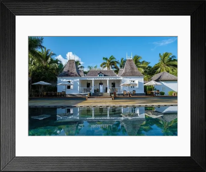 Framed Print : old plantation house with swimming pool and beach chairs by the ocean Framed Print : old plantation house with swimming pool and beach chairs by the ocean