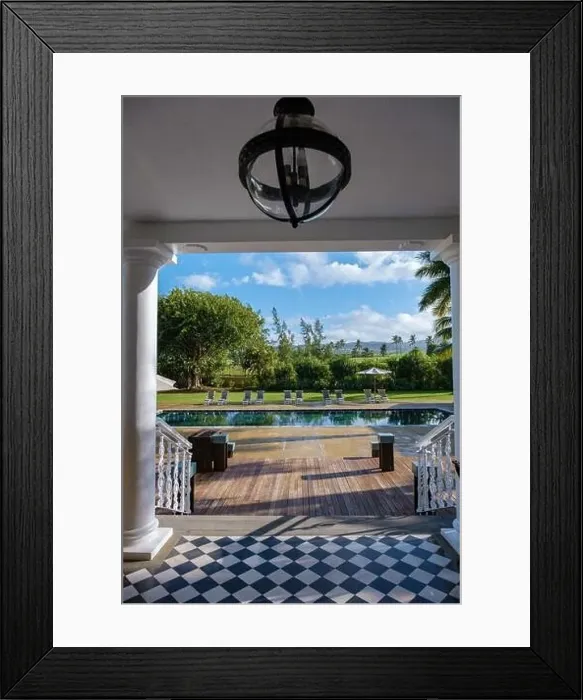 Framed Print : old plantation house with swimming pool and beach chairs by the ocean Framed Print : old plantation house with swimming pool and beach chairs by the ocean