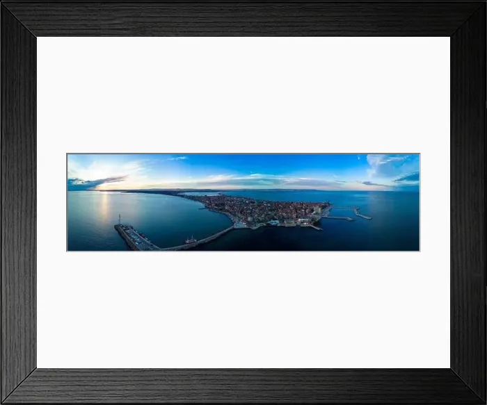 Framed Print : Panoramic bird's eye view over small ancient resort town of Pomorie with old European small houses Framed Print : Panoramic bird's eye view over small ancient resort town of Pomorie with old European small houses