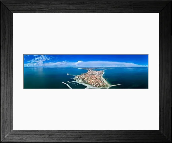 Framed Print : Panoramic bird's eye view over small ancient resort town of Pomorie with old European small houses Framed Print : Panoramic bird's eye view over small ancient resort town of Pomorie with old European small houses