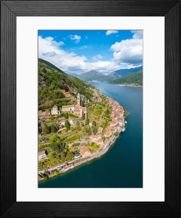 Framed Print : Aerial view of the small swiss village of Morcote and the church of Santa Maria del Sasso Framed Print : Aerial view of the small swiss village of Morcote and the church of Santa Maria del Sasso