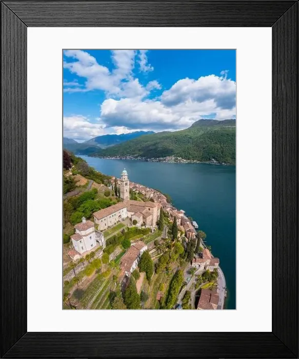 Framed Print : Aerial view of the small swiss village of Morcote and the church of Santa Maria del Sasso Framed Print : Aerial view of the small swiss village of Morcote and the church of Santa Maria del Sasso
