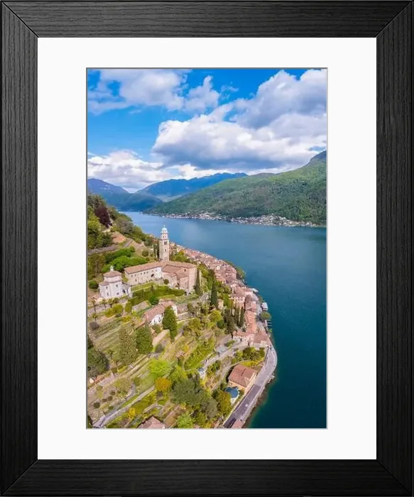 Framed Print : Aerial view of the small swiss village of Morcote and the church of Santa Maria del Sasso Framed Print : Aerial view of the small swiss village of Morcote and the church of Santa Maria del Sasso