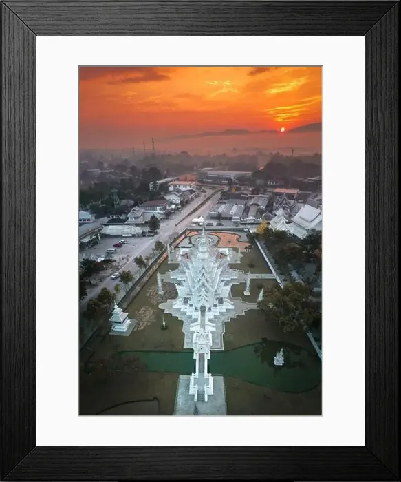 Framed Print : Aerial view of Wat Rong Khun, the white temple, at sunrise, in Chiang Rai, Thailand, south east asia Framed Print : Aerial view of Wat Rong Khun, the white temple, at sunrise, in Chiang Rai, Thailand, south east asia