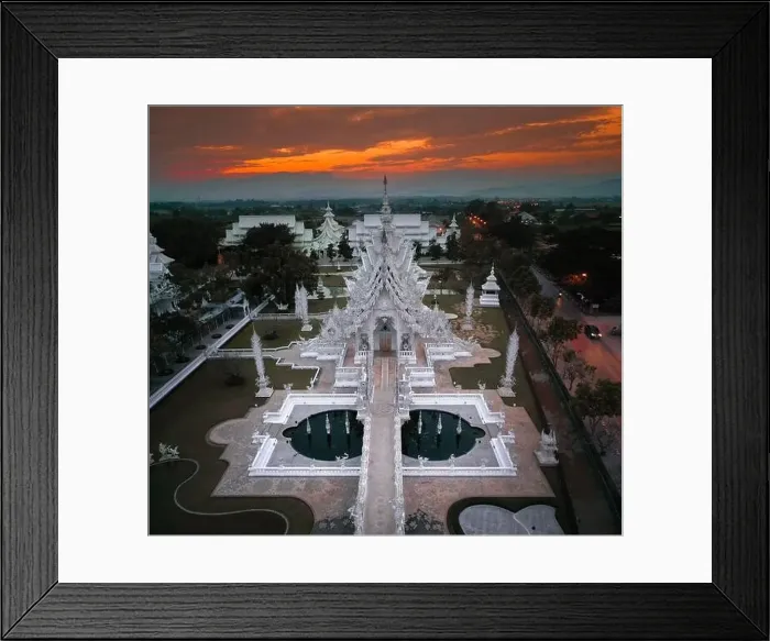Framed Print : Aerial view of Wat Rong Khun, the white temple, at sunrise, in Chiang Rai, Thailand, south east asia Framed Print : Aerial view of Wat Rong Khun, the white temple, at sunrise, in Chiang Rai, Thailand, south east asia