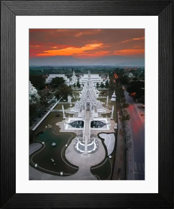 Framed Print : Aerial view of Wat Rong Khun, the white temple, at sunrise, in Chiang Rai, Thailand, south east asia Framed Print : Aerial view of Wat Rong Khun, the white temple, at sunrise, in Chiang Rai, Thailand, south east asia