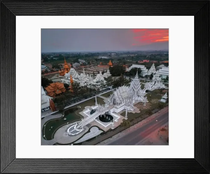 Framed Print : Aerial view of Wat Rong Khun, the white temple, at sunrise, in Chiang Rai, Thailand, south east asia Framed Print : Aerial view of Wat Rong Khun, the white temple, at sunrise, in Chiang Rai, Thailand, south east asia