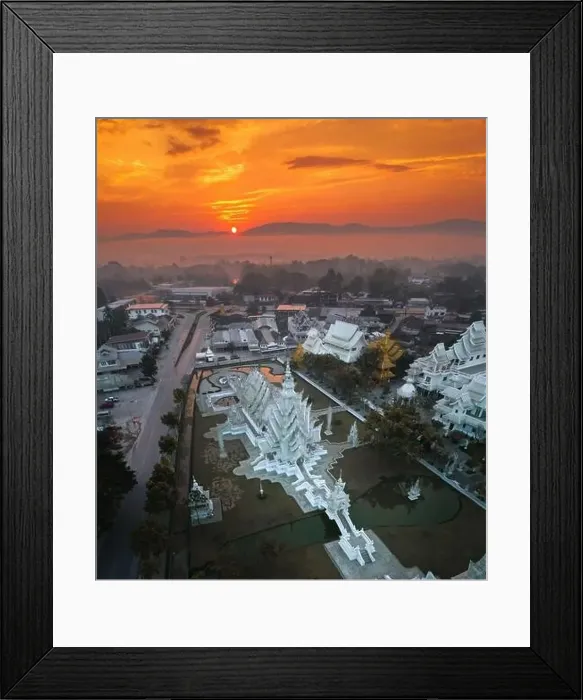 Framed Print : Aerial view of Wat Rong Khun, the white temple, at sunrise, in Chiang Rai, Thailand, south east asia Framed Print : Aerial view of Wat Rong Khun, the white temple, at sunrise, in Chiang Rai, Thailand, south east asia