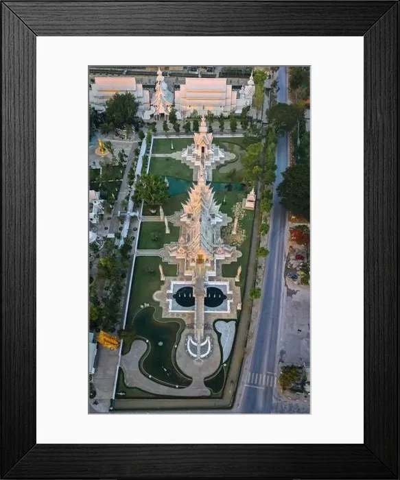 Framed Print : Aerial view of Wat Rong Khun, the white temple, at sunrise, in Chiang Rai, Thailand, south east asia Framed Print : Aerial view of Wat Rong Khun, the white temple, at sunrise, in Chiang Rai, Thailand, south east asia
