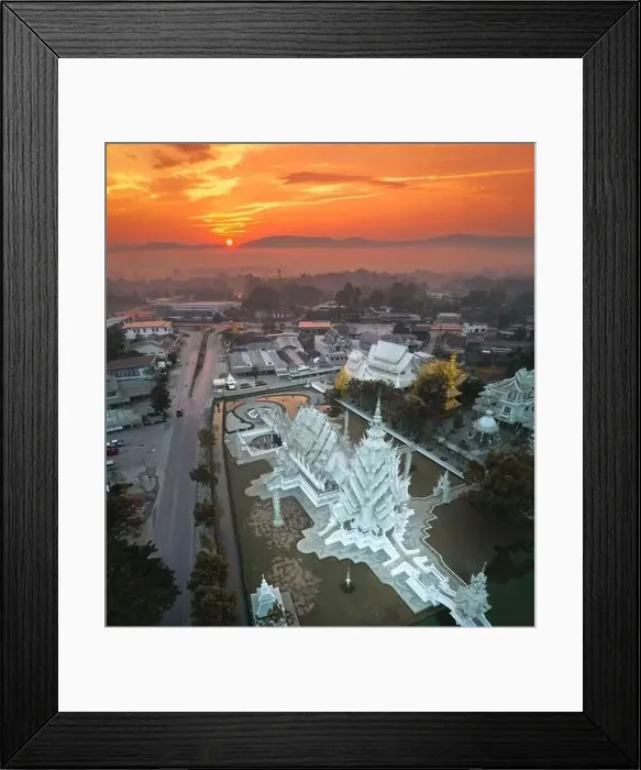 Framed Print : Aerial view of Wat Rong Khun, the white temple, at sunrise, in Chiang Rai, Thailand, south east asia Framed Print : Aerial view of Wat Rong Khun, the white temple, at sunrise, in Chiang Rai, Thailand, south east asia