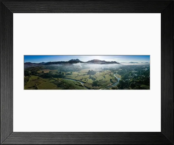 Framed Print : Aerial view of Pai during sunrise with fog in Mae Hong Son, Thailand. High quality Photo Framed Print : Aerial view of Pai during sunrise with fog in Mae Hong Son, Thailand. High quality Photo