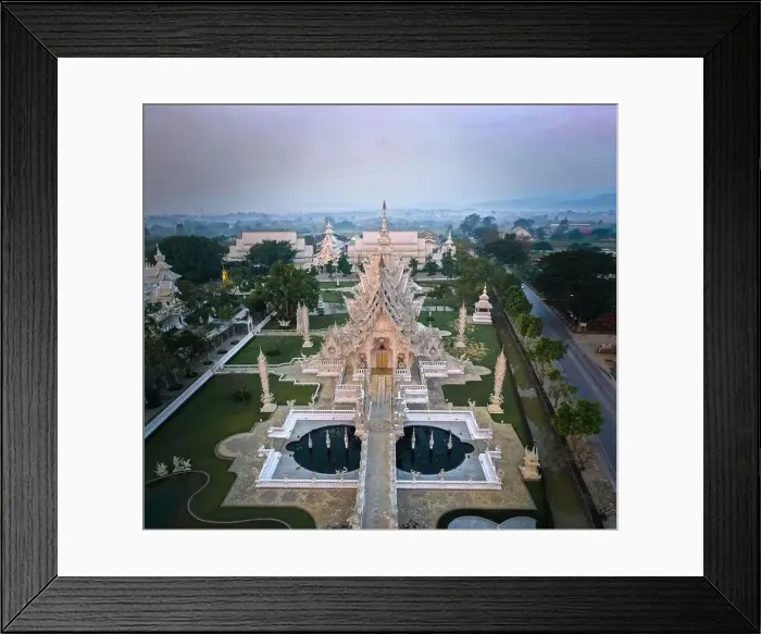 Framed Print : Aerial view of Wat Rong Khun, the white temple, at sunrise, in Chiang Rai, Thailand, south east asia Framed Print : Aerial view of Wat Rong Khun, the white temple, at sunrise, in Chiang Rai, Thailand, south east asia
