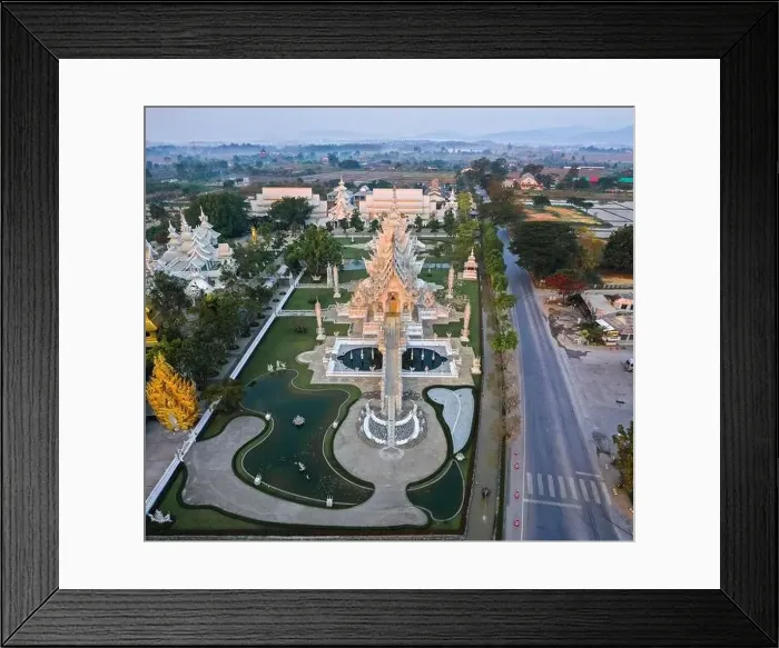 Framed Print : Aerial view of Wat Rong Khun, the white temple, at sunrise, in Chiang Rai, Thailand, south east asia Framed Print : Aerial view of Wat Rong Khun, the white temple, at sunrise, in Chiang Rai, Thailand, south east asia