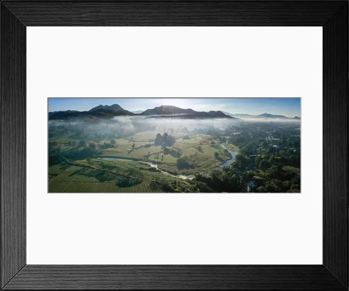 Framed Print : Aerial view of Pai during sunrise with fog in Mae Hong Son, Thailand. High quality Photo Framed Print : Aerial view of Pai during sunrise with fog in Mae Hong Son, Thailand. High quality Photo