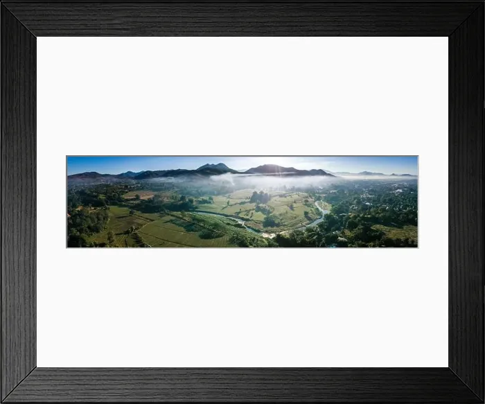 Framed Print : Aerial view of Pai during sunrise with fog in Mae Hong Son, Thailand. High quality Photo Framed Print : Aerial view of Pai during sunrise with fog in Mae Hong Son, Thailand. High quality Photo