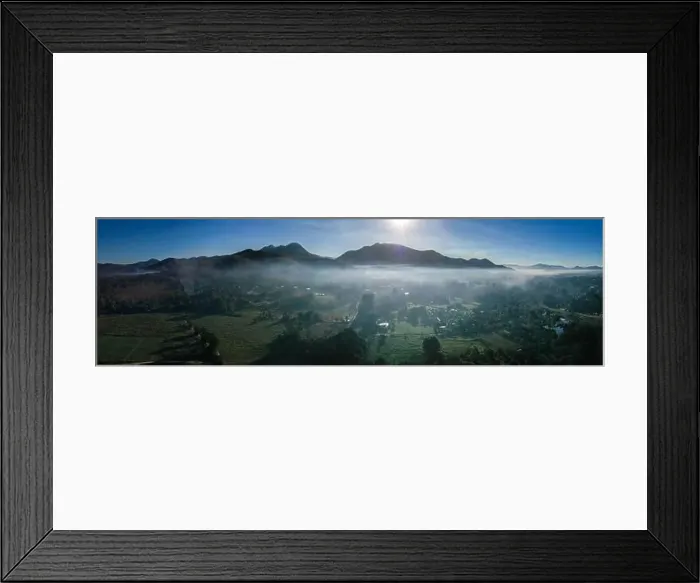 Framed Print : Aerial view of Pai during sunrise with fog in Mae Hong Son, Thailand. High quality Photo Framed Print : Aerial view of Pai during sunrise with fog in Mae Hong Son, Thailand. High quality Photo