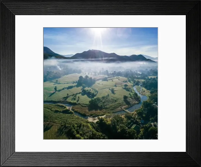 Framed Print : Aerial view of Pai during sunrise with fog in Mae Hong Son, Thailand. High quality Photo Framed Print : Aerial view of Pai during sunrise with fog in Mae Hong Son, Thailand. High quality Photo