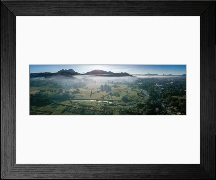 Framed Print : Aerial view of Pai during sunrise with fog in Mae Hong Son, Thailand. High quality Photo Framed Print : Aerial view of Pai during sunrise with fog in Mae Hong Son, Thailand. High quality Photo