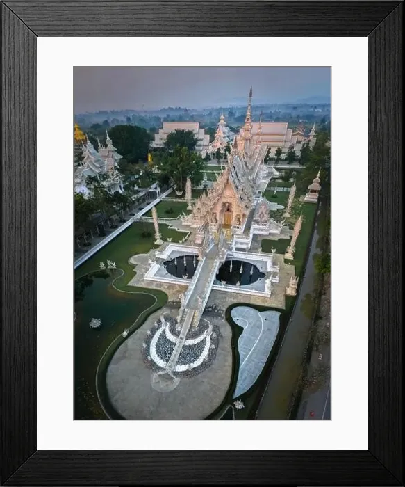 Framed Print : Aerial view of Wat Rong Khun, the white temple, at sunrise, in Chiang Rai, Thailand, south east asia Framed Print : Aerial view of Wat Rong Khun, the white temple, at sunrise, in Chiang Rai, Thailand, south east asia