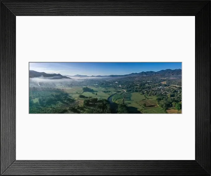Framed Print : Aerial view of Pai during sunrise with fog in Mae Hong Son, Thailand. High quality Photo Framed Print : Aerial view of Pai during sunrise with fog in Mae Hong Son, Thailand. High quality Photo