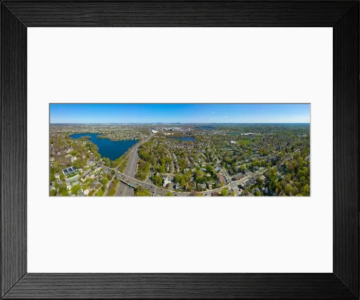 Framed Print : Arlington Heights suburban landscape panoramic aerial view in spring with Spy Pond Framed Print : Arlington Heights suburban landscape panoramic aerial view in spring with Spy Pond