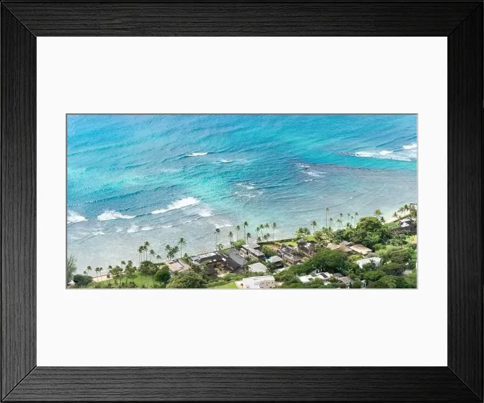 Framed Print : pacific ocean with tropical palm trees and beach houses Framed Print : pacific ocean with tropical palm trees and beach houses