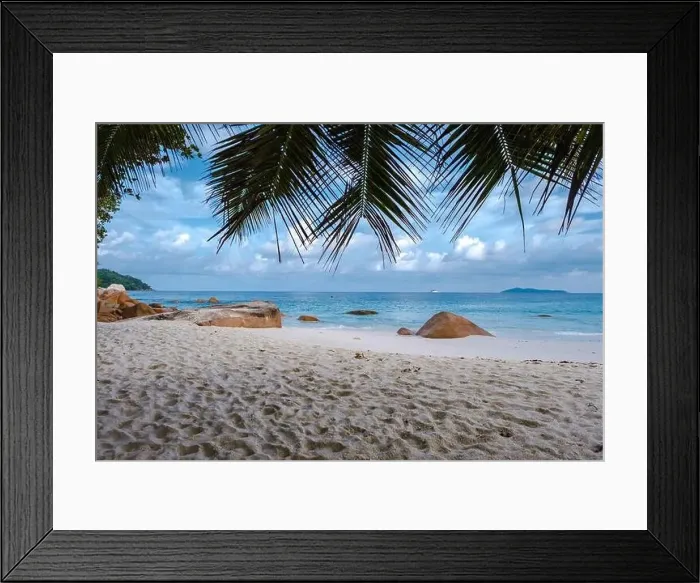 Framed Print : Praslin Seychelles tropical island with withe beaches and palm trees Framed Print : Praslin Seychelles tropical island with withe beaches and palm trees