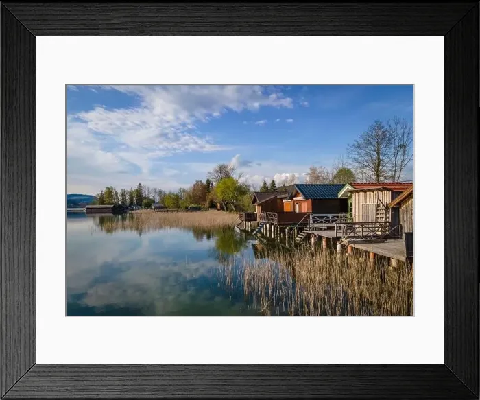 Framed Print : Wonderful bathing huts and boat sheds at the Irrsee in Austria Framed Print : Wonderful bathing huts and boat sheds at the Irrsee in Austria